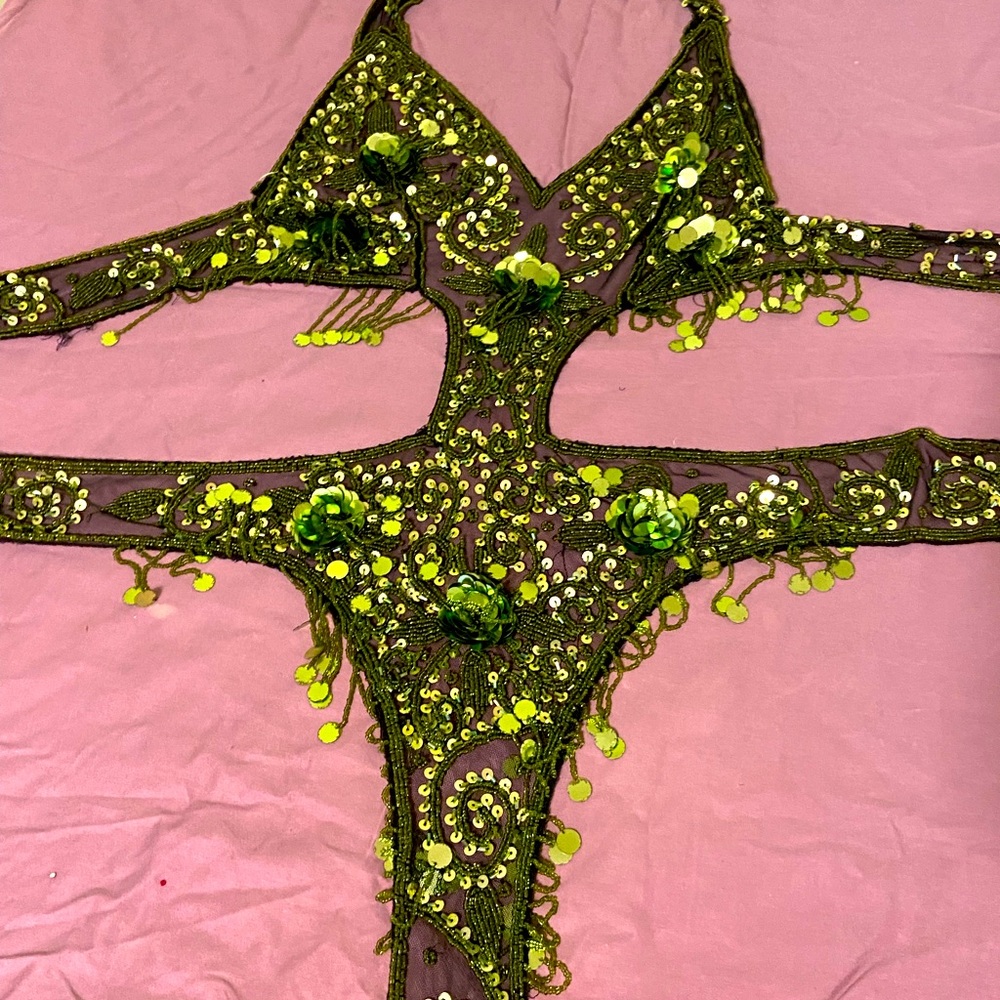 Burlesque showgirl costume beaded sheer sexy